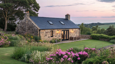 A stone house sitting on top of a hill with pink flowers, AIの素材