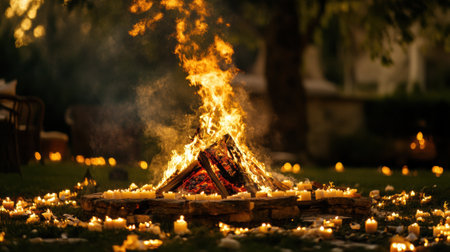 A bonfire with many candles surrounding it in a field, AIの素材