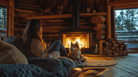 A woman sitting on a couch with her dog in front of the fire, AIの素材