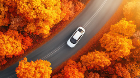 A car driving down a road surrounded by trees and leaves, AIの素材