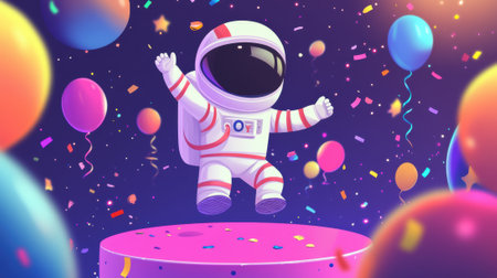 A cartoon astronaut is jumping in the air with balloons, AIの素材