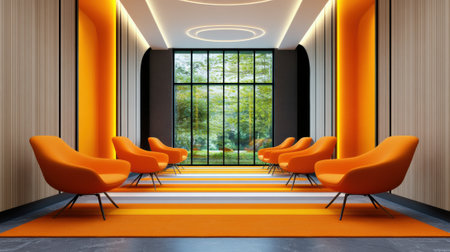 A hallway with orange chairs and a large window in the middle, AIの素材