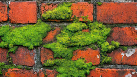 A brick wall covered in moss and green plants, AIの素材