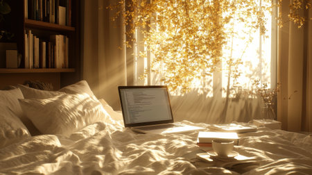 A laptop computer sitting on a bed with books and coffee, AIの素材