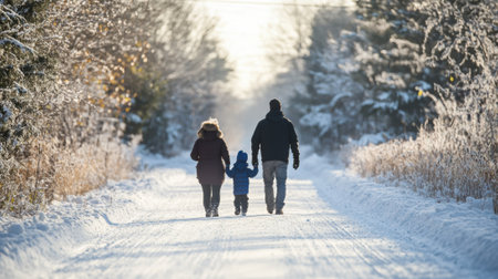 A man and woman walking down a snowy road with their child, AIの素材
