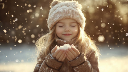 A young girl with a hat and gloves holding snow in her hands, AIの素材
