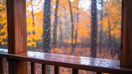 A view of a window with rain drops on it and trees in the background, AIの素材