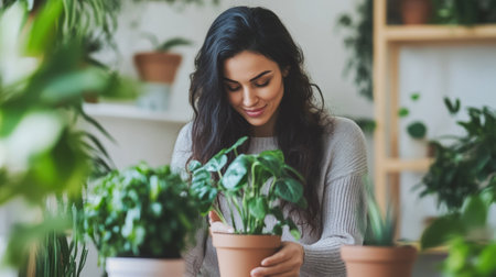 A woman is looking at a potted plant in her home, AIの素材
