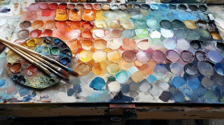 A palette of a painting table with paint brushes and paints, AIの素材