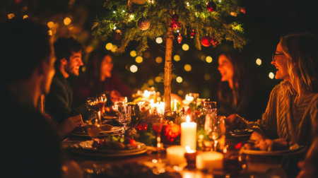 A group of people sitting around a table with candles lit, AIの素材