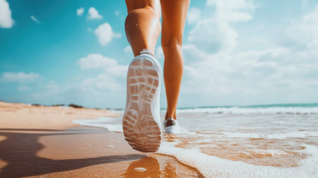 A womans feet are walking on the beach with waves in front of her, AIの素材