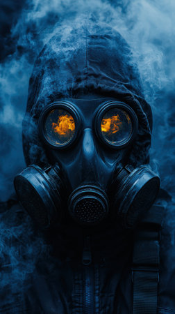 A man wearing a gas mask with yellow flames coming from his eyes, AIの素材