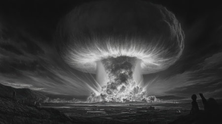 Black and white drawing of a nuclear explosion in the sky, AIの素材