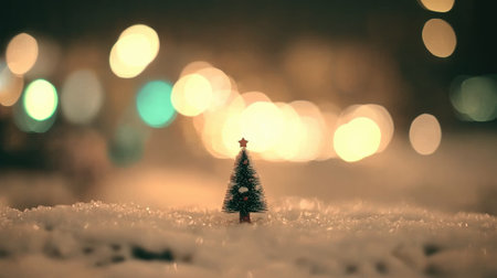 A small christmas tree is sitting in the snow on a snowy night, AIの素材