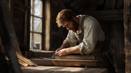 A man with beard working on a piece of wood in an old building, AIの素材