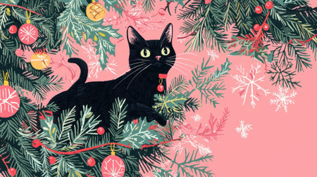 A black cat sitting in a christmas tree with ornaments, AIの素材