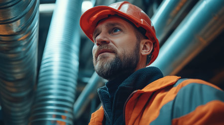 A man in orange hard hat looking up at a pipe, AIの素材