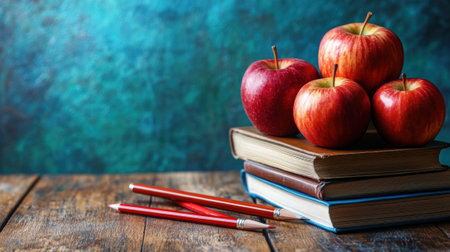 A stack of books with apples on top and pencils next to them, AIの素材