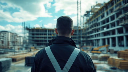A man in a black jacket looking at the construction site, AIの素材