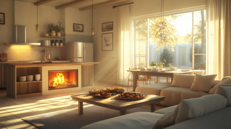 A living room with a fireplace and lots of furniture, AIの素材