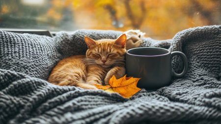 A cat sleeping on a blanket next to a cup, AIの素材