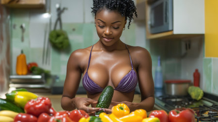 A woman in a bikini holding up some vegetables, AIの素材