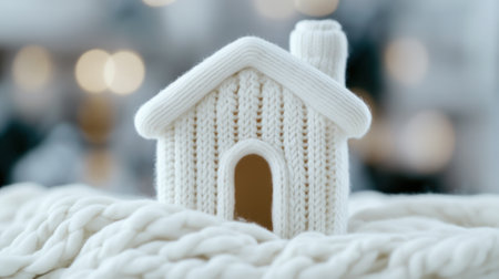 A small house made of white yarn on a blanket, AIの素材