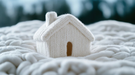 A white house made of knitted material on top of a pile, AIの素材