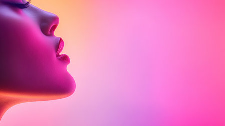 A woman with her eyes closed and lips parted in a pink light, AIの素材