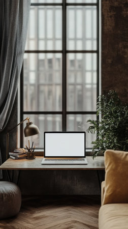 A laptop computer sitting on a desk in front of an open window, AIの素材