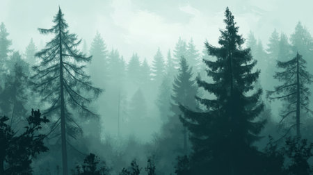 A picture of a forest with tall trees and fog, AIの素材