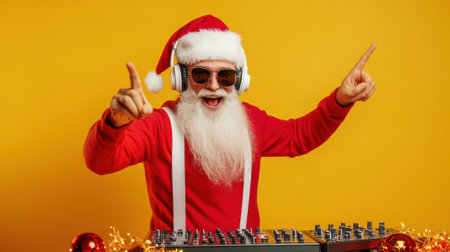 A man dressed as santa claus with headphones and a dj mixer, AIの素材