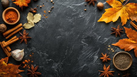 Autumn leaves and spices on a black background, AIの素材