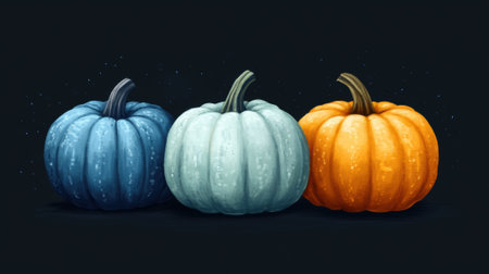 Three pumpkins are painted in different colors on a black background, AIの素材