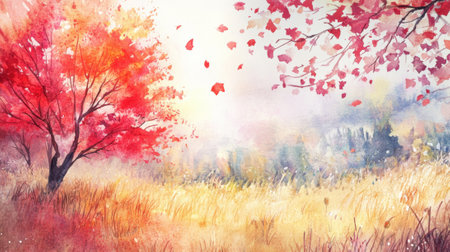 A painting of a tree in the middle of an open field, AIの素材