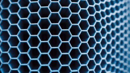 A close up of a honeycomb mesh with blue lines, AIの素材