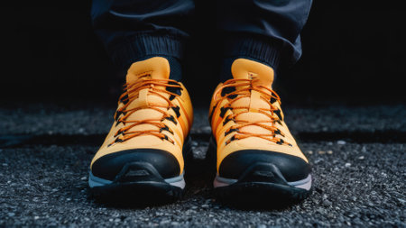 A close up of a persons feet wearing yellow and black shoes, AIの素材