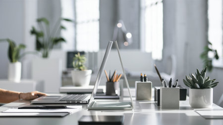 A person sitting at a desk with laptop and other items on it, AIの素材