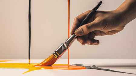 A person holding a paint brush with orange and yellow liquid on it, AIの素材