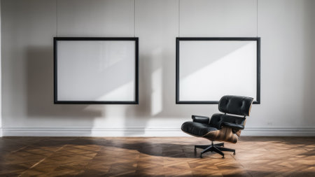 A chair in a room with two large framed pictures on the wall, AIの素材