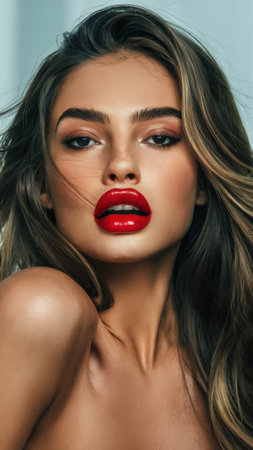 A woman with red lips and a long brown hair, AIの素材