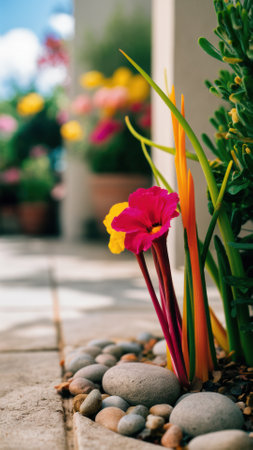 A close up of a flower in the ground with rocks around it, AIの素材