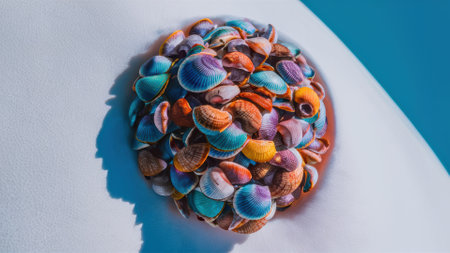A pile of colorful shells on top of a white surface, AIの素材