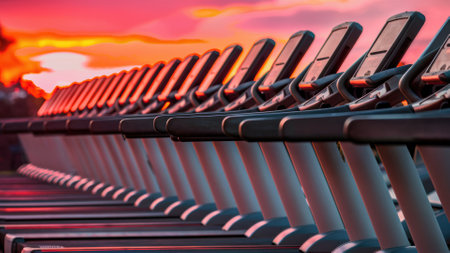 A row of treadmills lined up in a gym with the sun setting behind them, AIの素材