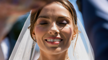 A close up of a woman with her veil on smiling, AIの素材