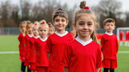 A group of a bunch of kids in red uniforms standing on the field, AIの素材