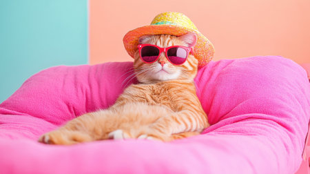 A cat wearing sunglasses and a hat sitting on top of pink chair, AIの素材