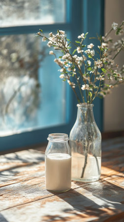 A vase with a flower and milk on the table, AIの素材
