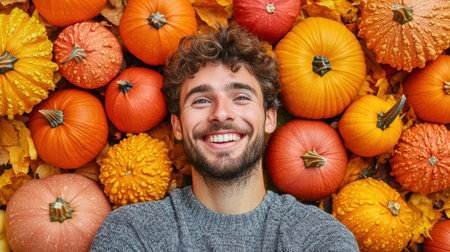 A man smiling in front of a bunch of pumpkins, AIの素材