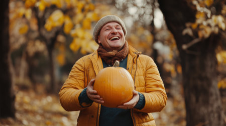 A man in a yellow jacket holding up an orange pumpkin, AIの素材